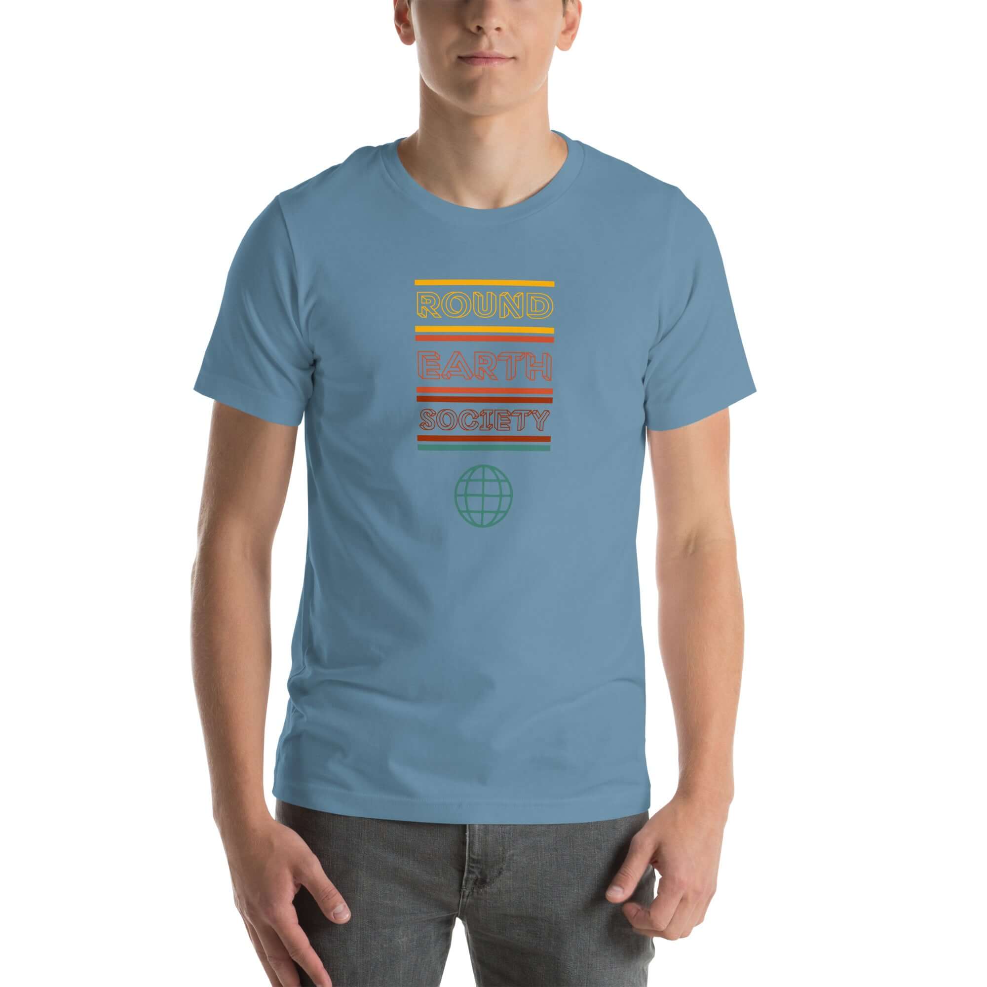 Man wearing a Milk Sandwich steel blue t-shirt with a colorful retro-style "ROUND EARTH SOCIETY" graphic and globe icon on the front.