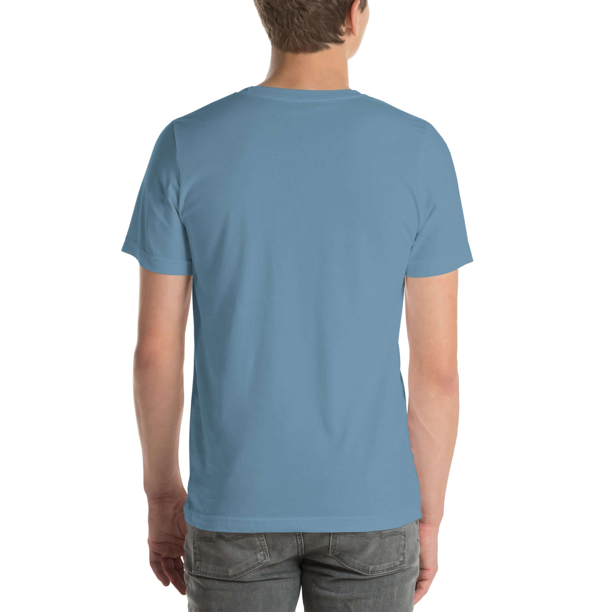 Back view of a person wearing a plain steel blue Milk Sandwich t-shirt with no visible design.
