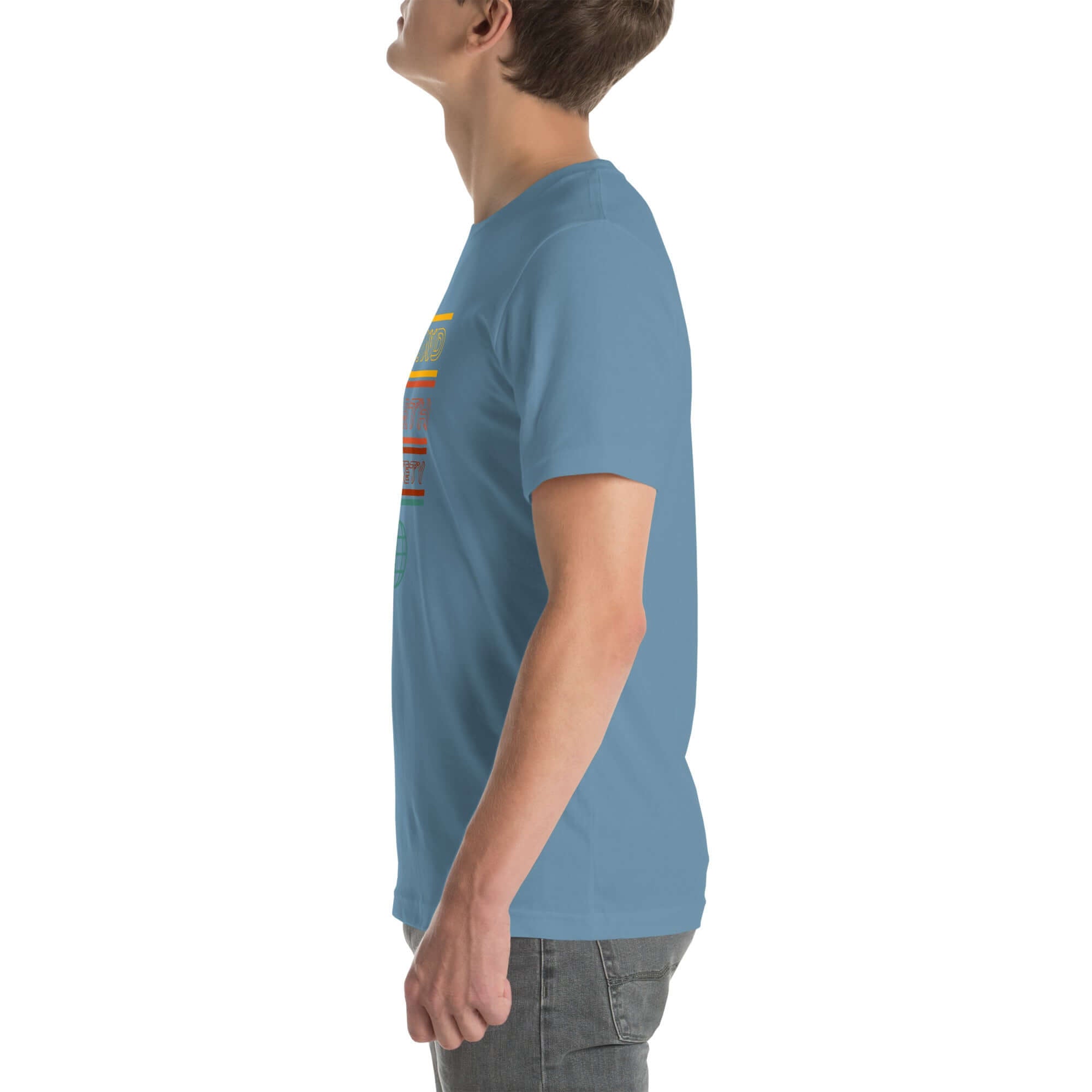 Side view of a person wearing a steel blue Milk Sandwich t-shirt featuring a colorful "Round Earth Society" design on the front.