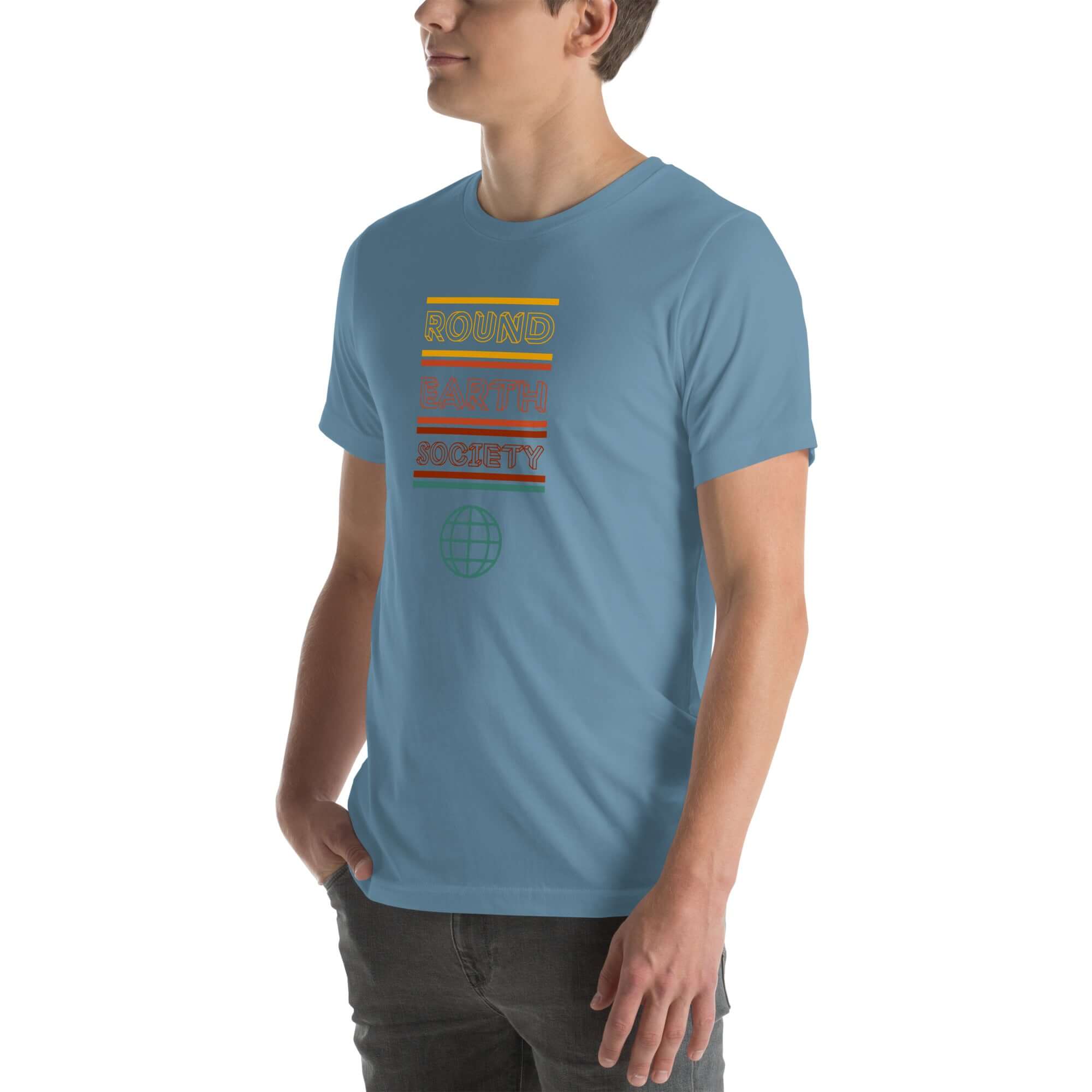Angled side view of a person wearing a steel blue Milk Sandwich t-shirt with a colorful "Round Earth Society" graphic design.