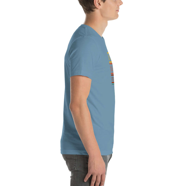Side profile of a person wearing a steel blue Milk Sandwich t-shirt featuring a vertical "Round Earth Society" graphic design on the front.