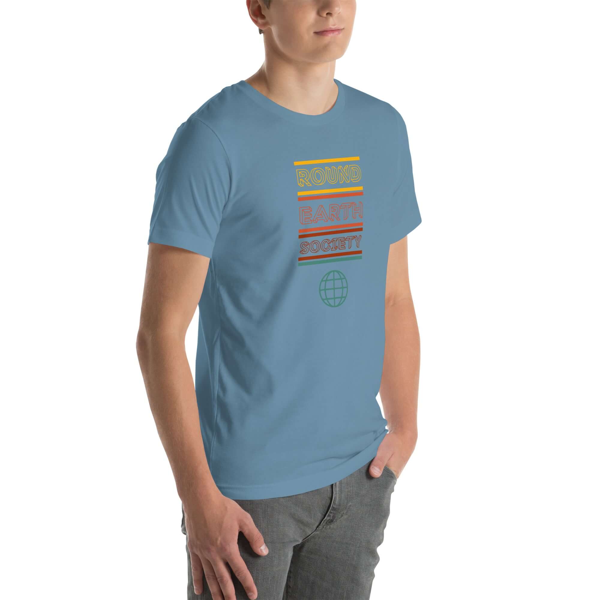 Man wearing a steel blue Milk Sandwich t-shirt with a colorful "Round Earth Society" graphic printed vertically on the front.