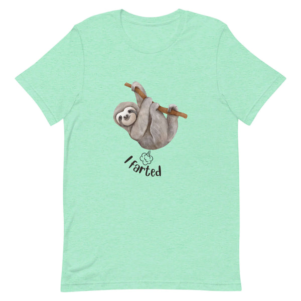 Mint Milk Sandwich t-shirt featuring a cute cartoon sloth hanging from a branch above the playful phrase I fartedƒ with a small illustrated puff cloud.