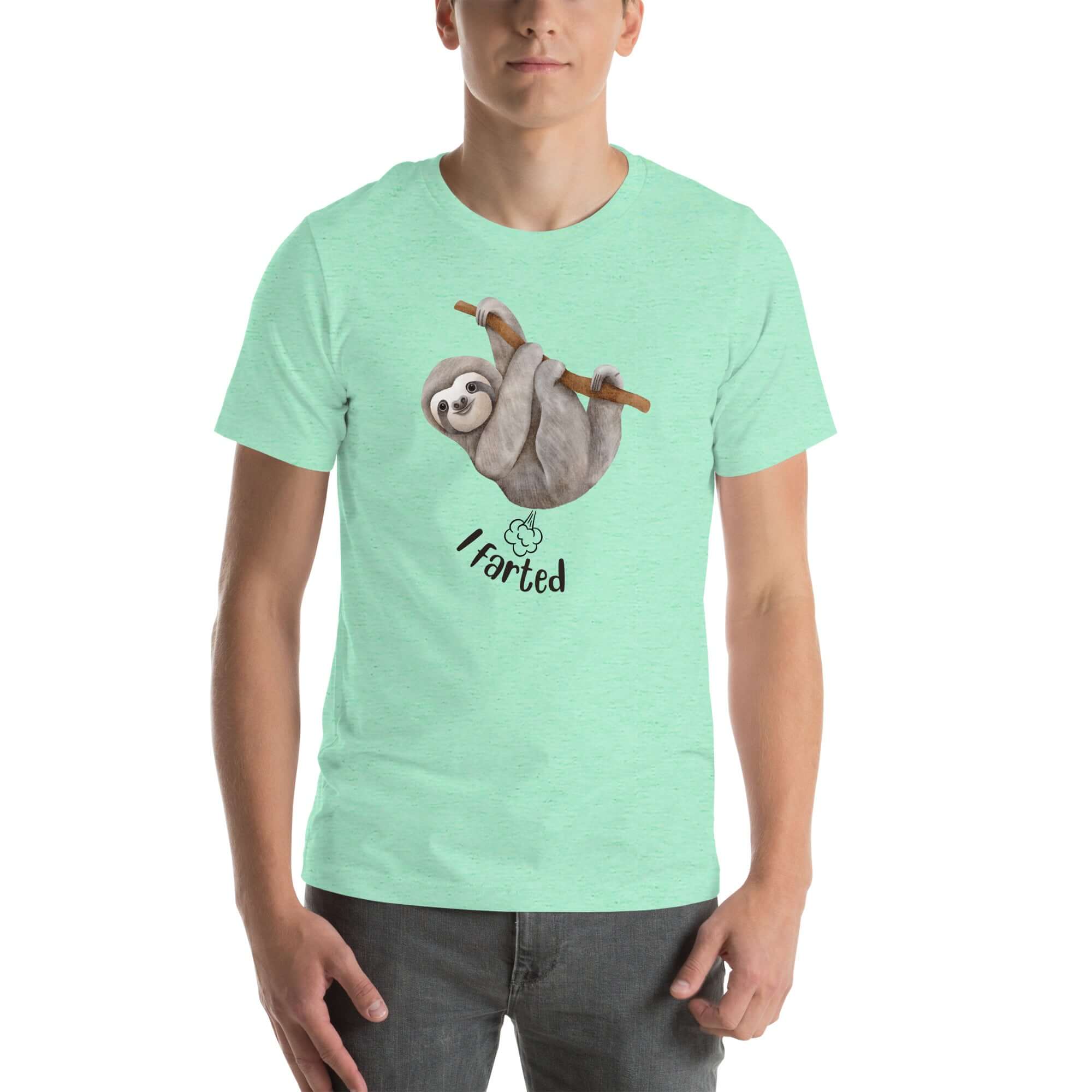 Man wearing a mint Milk Sandwich t-shirt with a smiling cartoon sloth hanging from a branch and the humorous phrase I farted below a small illustrated puff cloud.