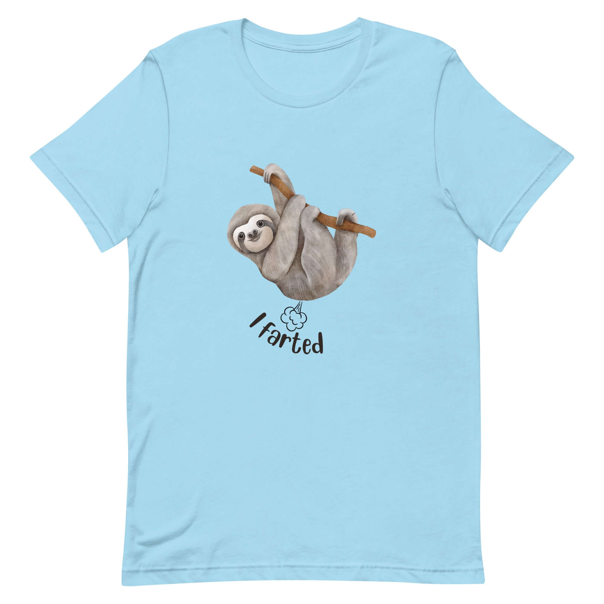 Light blue Milk Sandwich t-shirt featuring a cute cartoon sloth hanging from a branch above the playful phrase I farted with a small illustrated puff cloud.