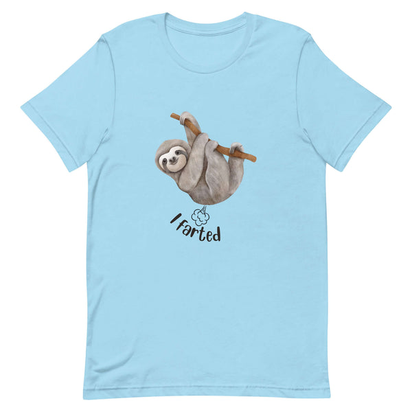 Light blue Milk Sandwich t-shirt featuring a cute cartoon sloth hanging from a branch above the playful phrase I farted with a small illustrated puff cloud.