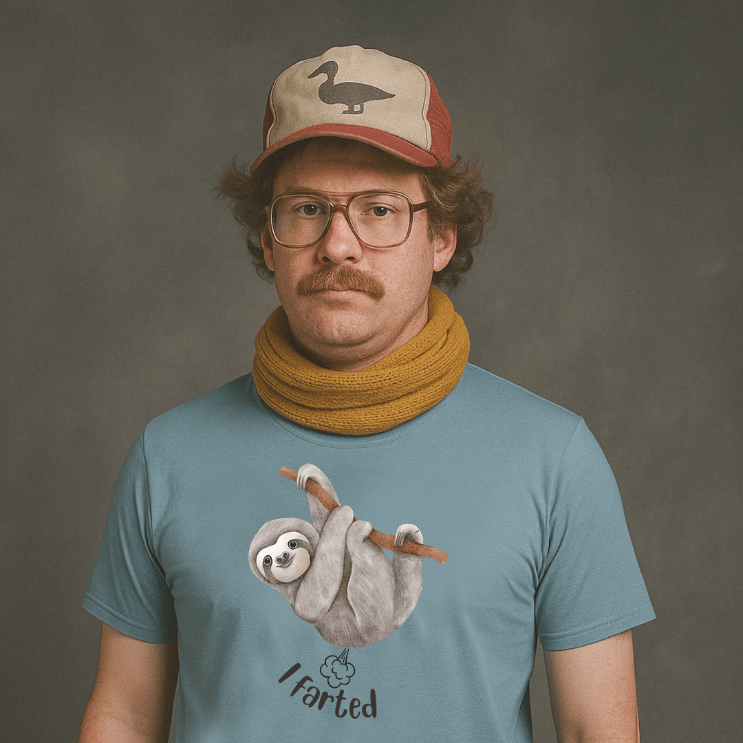 Man wearing a light blue Milk Sandwich t-shirt featuring a smiling sloth hanging from a branch with the humorous caption I farted and a small illustrated cloud below.