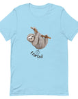 Light blue Milk Sandwich t-shirt featuring a cute cartoon sloth hanging from a branch above the playful phrase I farted with a small illustrated puff cloud.