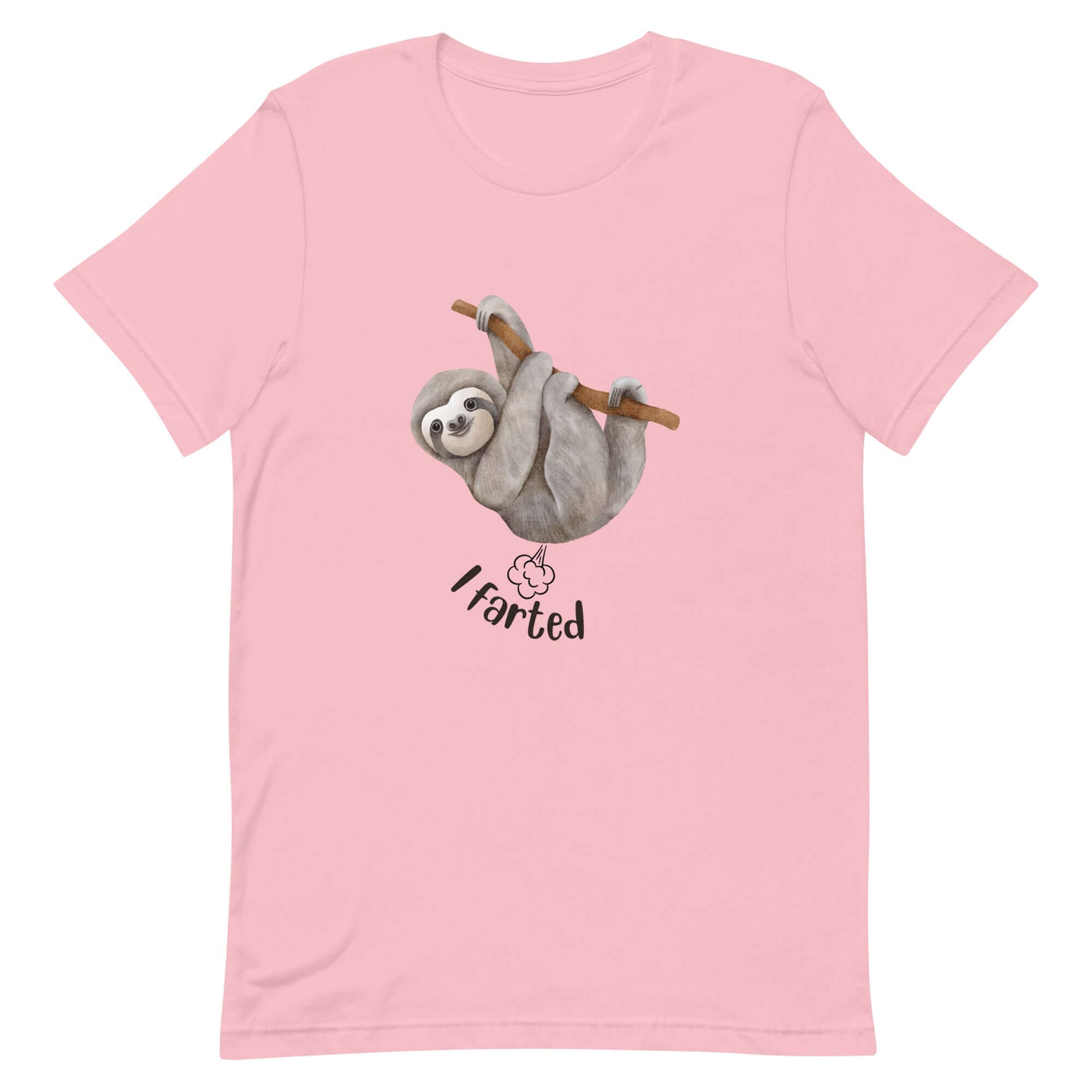 Pink Milk Sandwich t-shirt featuring a cute cartoon sloth hanging from a branch above the playful phrase I farted with a small illustrated puff cloud.