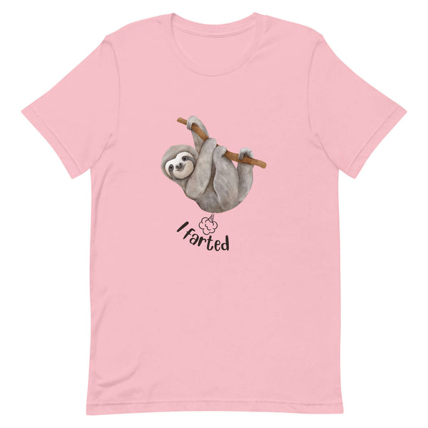 Pink Milk Sandwich t-shirt featuring a cute cartoon sloth hanging from a branch above the playful phrase I farted with a small illustrated puff cloud.