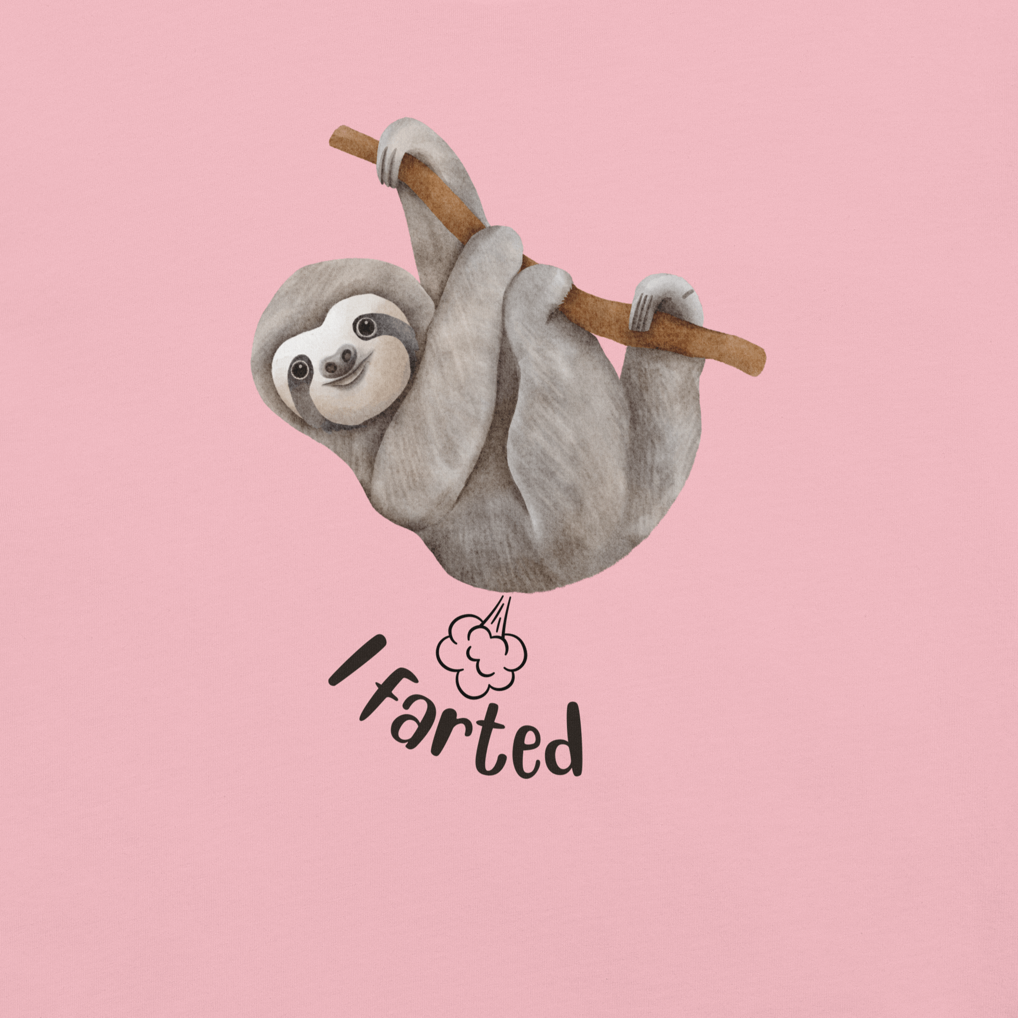 Close-up of a pink Milk Sandwich t-shirt with a cartoon sloth hanging from a branch and the humorous phrase I farted below a small illustrated puff cloud.