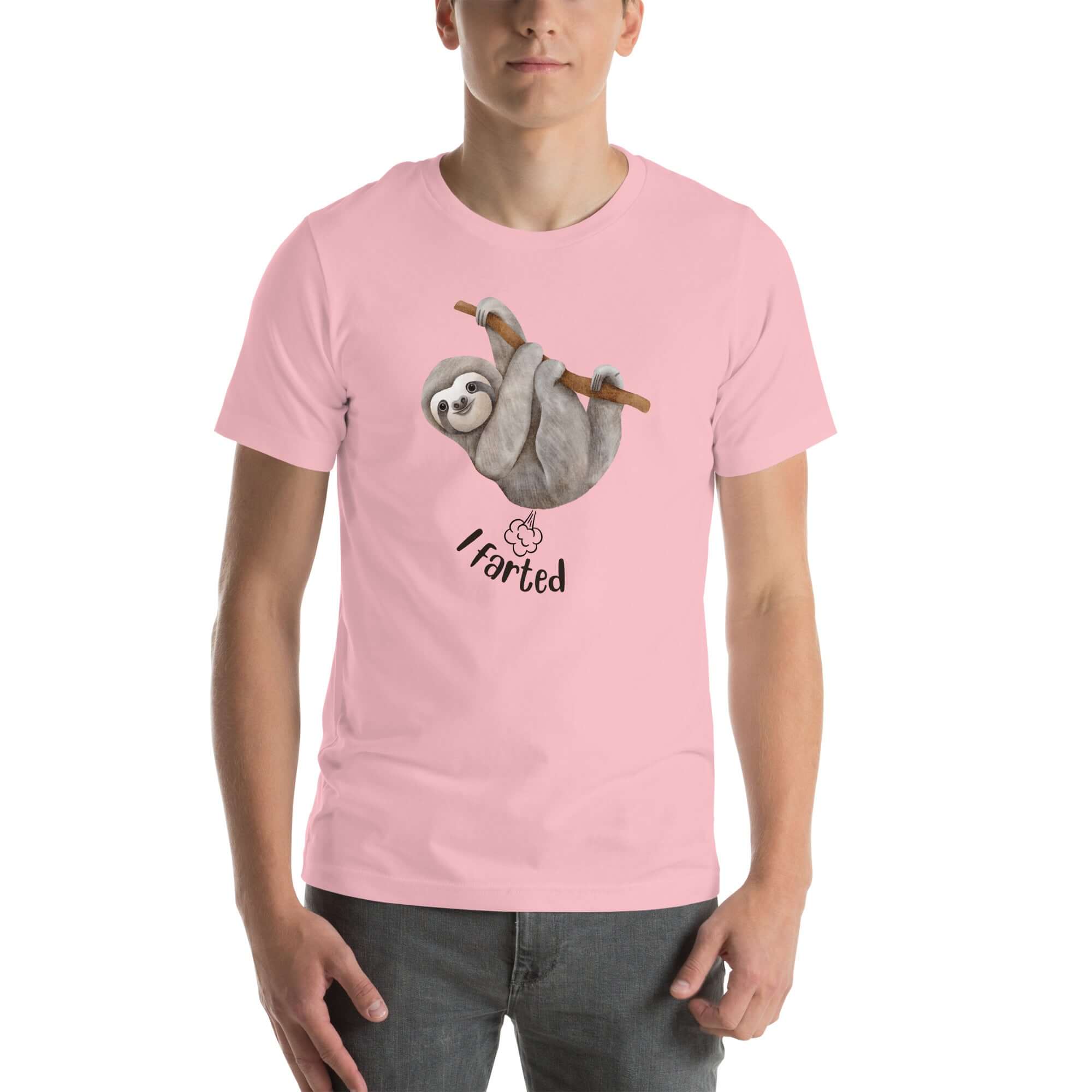 Man wearing a pink Milk Sandwich t-shirt with a smiling cartoon sloth hanging from a branch and the humorous phrase I farted below a small illustrated puff cloud.