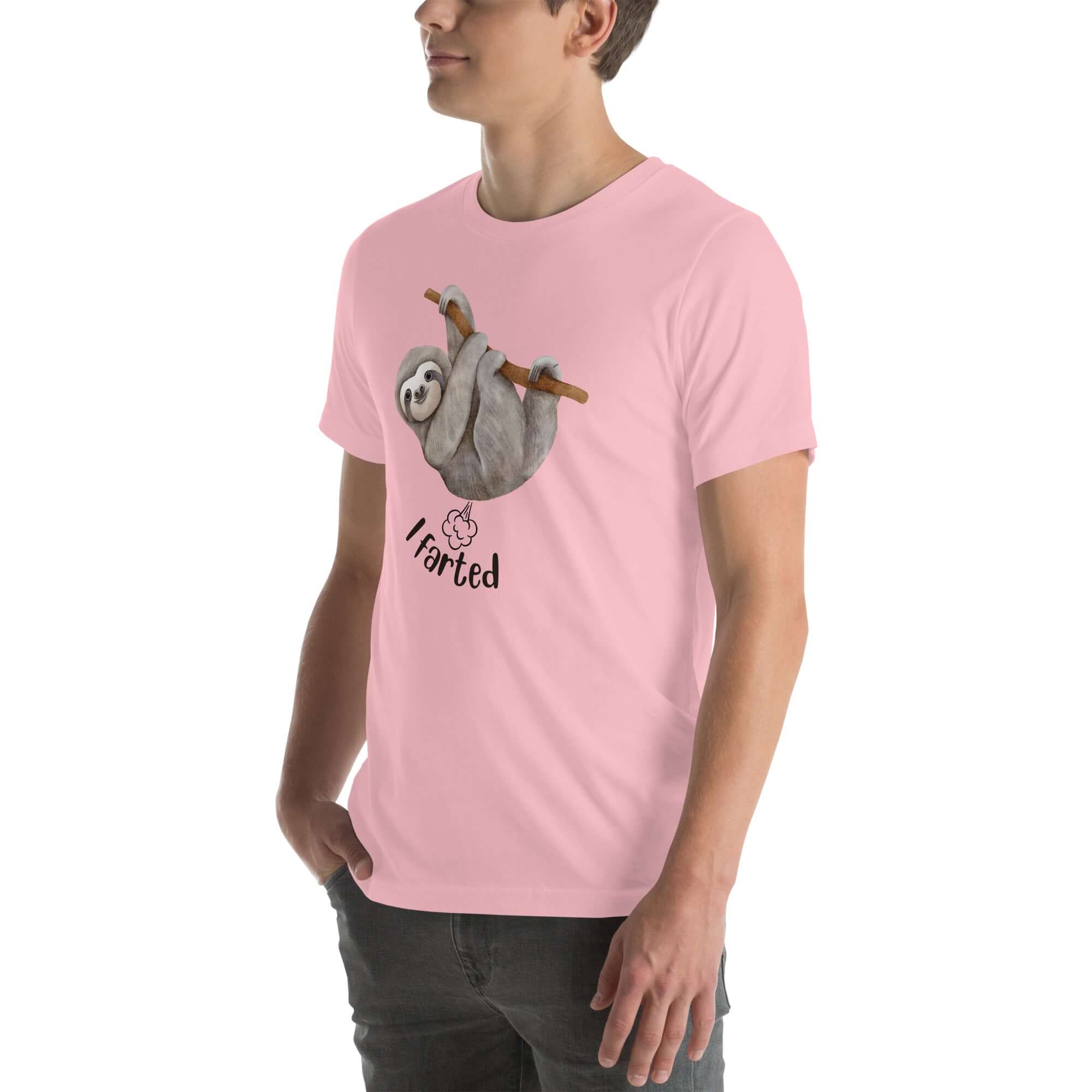 Man in a pink Milk Sandwich t-shirt with a humorous sloth illustration and the text I farted underneath, standing with one hand in his pocket.