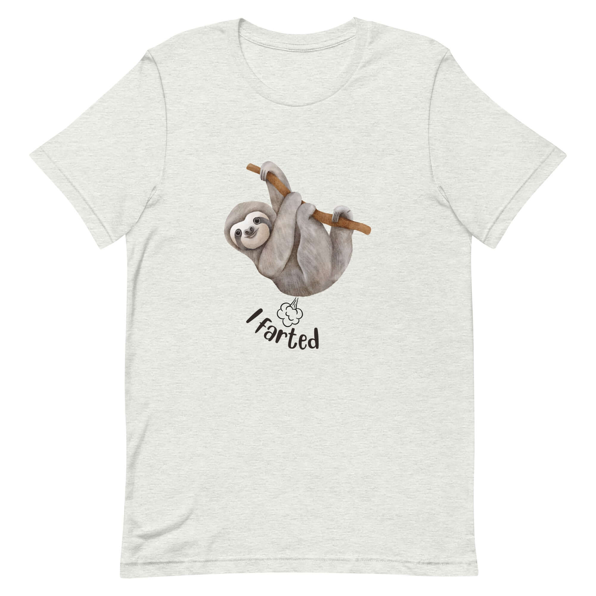 Man wearing a silver Milk Sandwich t-shirt with a smiling cartoon sloth hanging from a branch and the humorous phrase I farted below a small illustrated puff cloud.