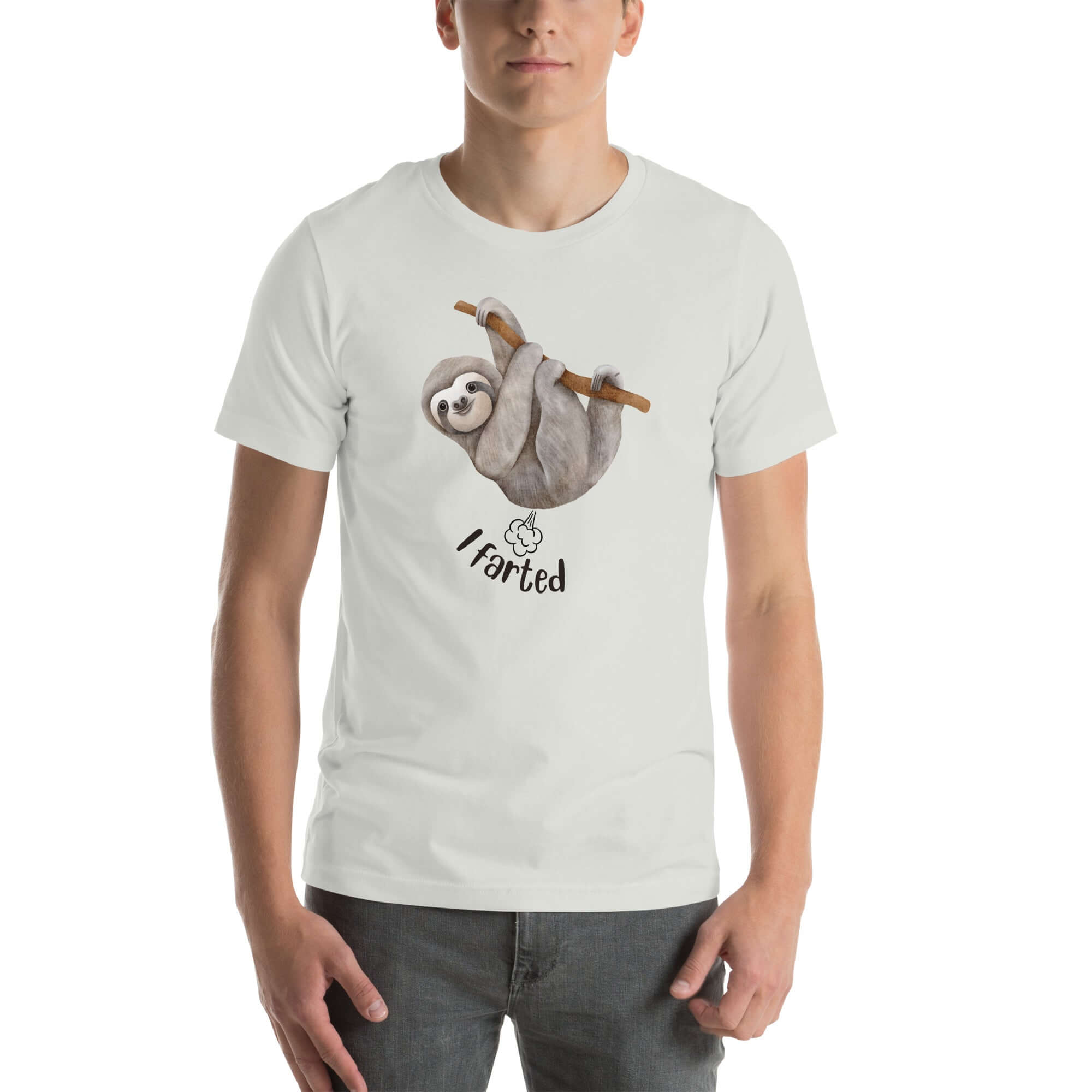 Man wearing a silver Milk Sandwich t-shirt with a smiling cartoon sloth hanging from a branch and the humorous phrase I farted below a small illustrated puff cloud.