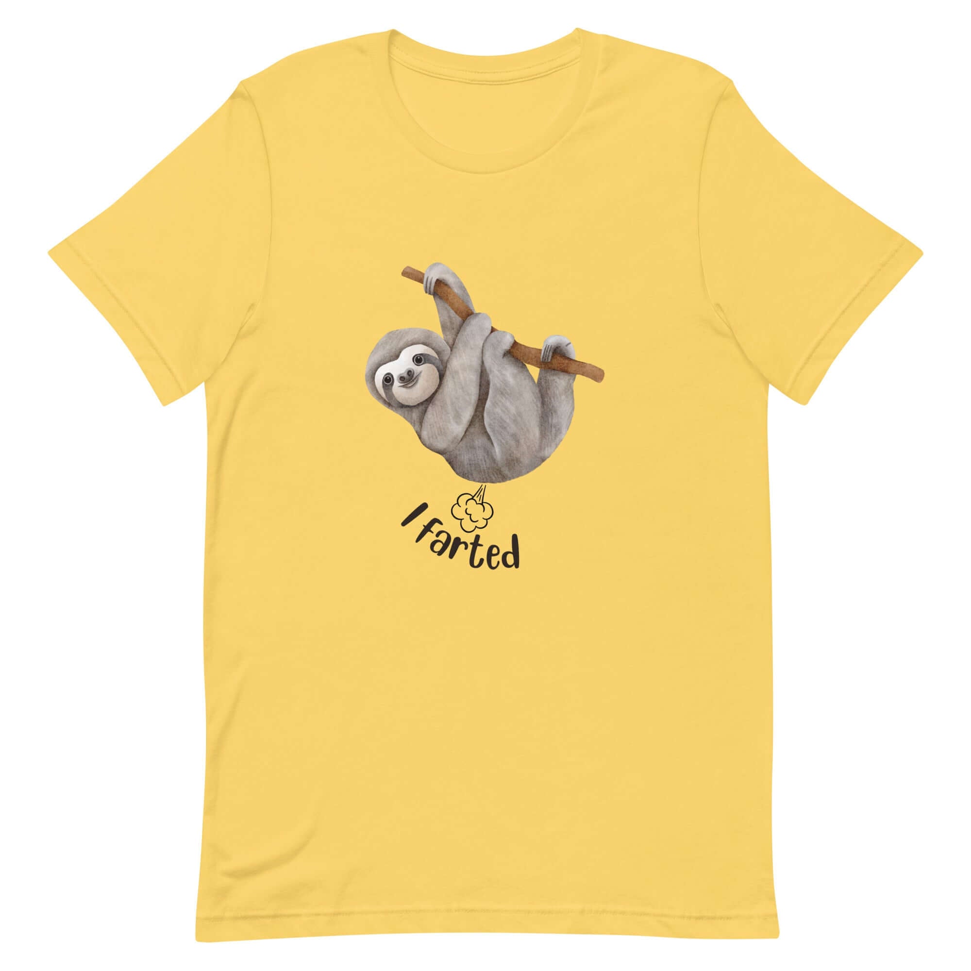 Yellow Milk Sandwich t-shirt featuring a cute cartoon sloth hanging from a branch above the playful phrase I farted with a small illustrated puff cloud.