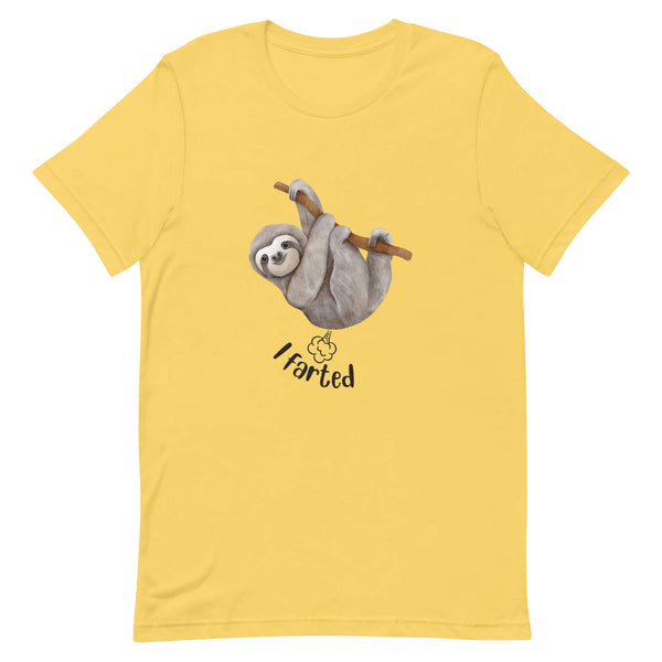 Yellow Milk Sandwich t-shirt featuring a cute cartoon sloth hanging from a branch above the playful phrase I farted with a small illustrated puff cloud.