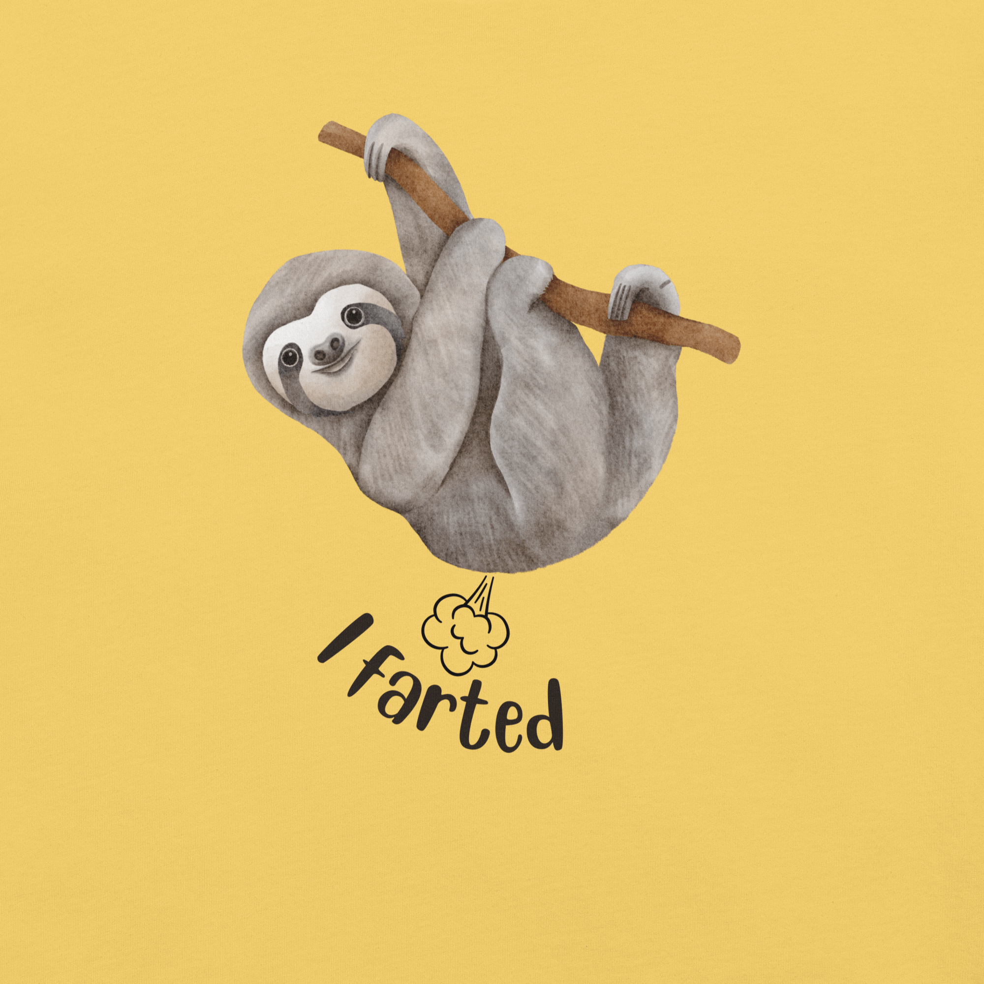 Close-up of a yellow Milk Sandwich t-shirt with a cartoon sloth hanging from a branch and the humorous phrase I farted below a small illustrated puff cloud.
