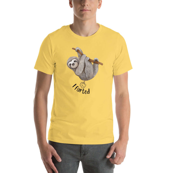 Man wearing a yellow Milk Sandwich t-shirt with a smiling cartoon sloth hanging from a branch and the humorous phrase I farted below a small illustrated puff cloud.