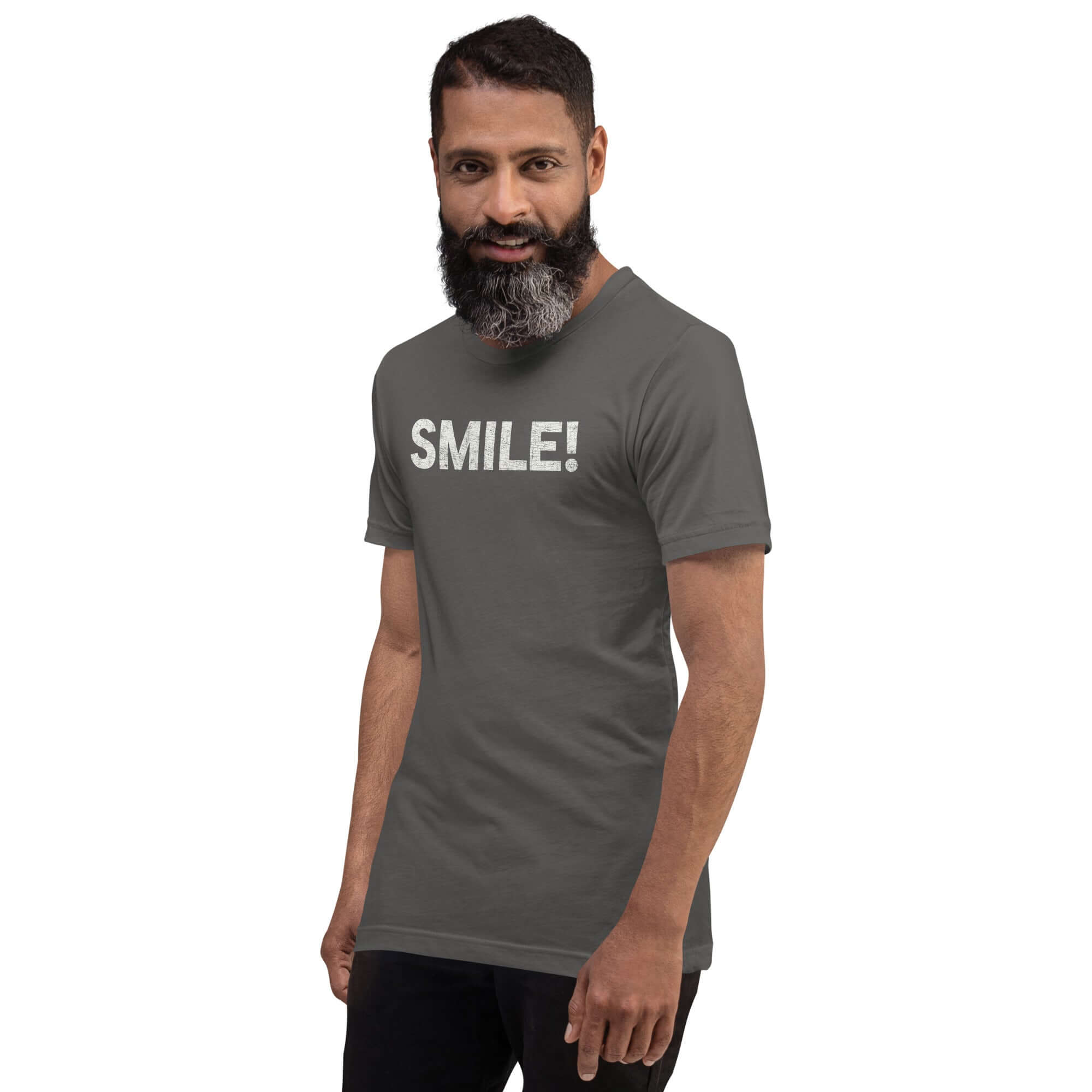 Man in a asphalt Milk Sandwich t-shirt featuring the word "SMILE!" in bold, distressed white letters, posing confidently with a slight turn against a white background.