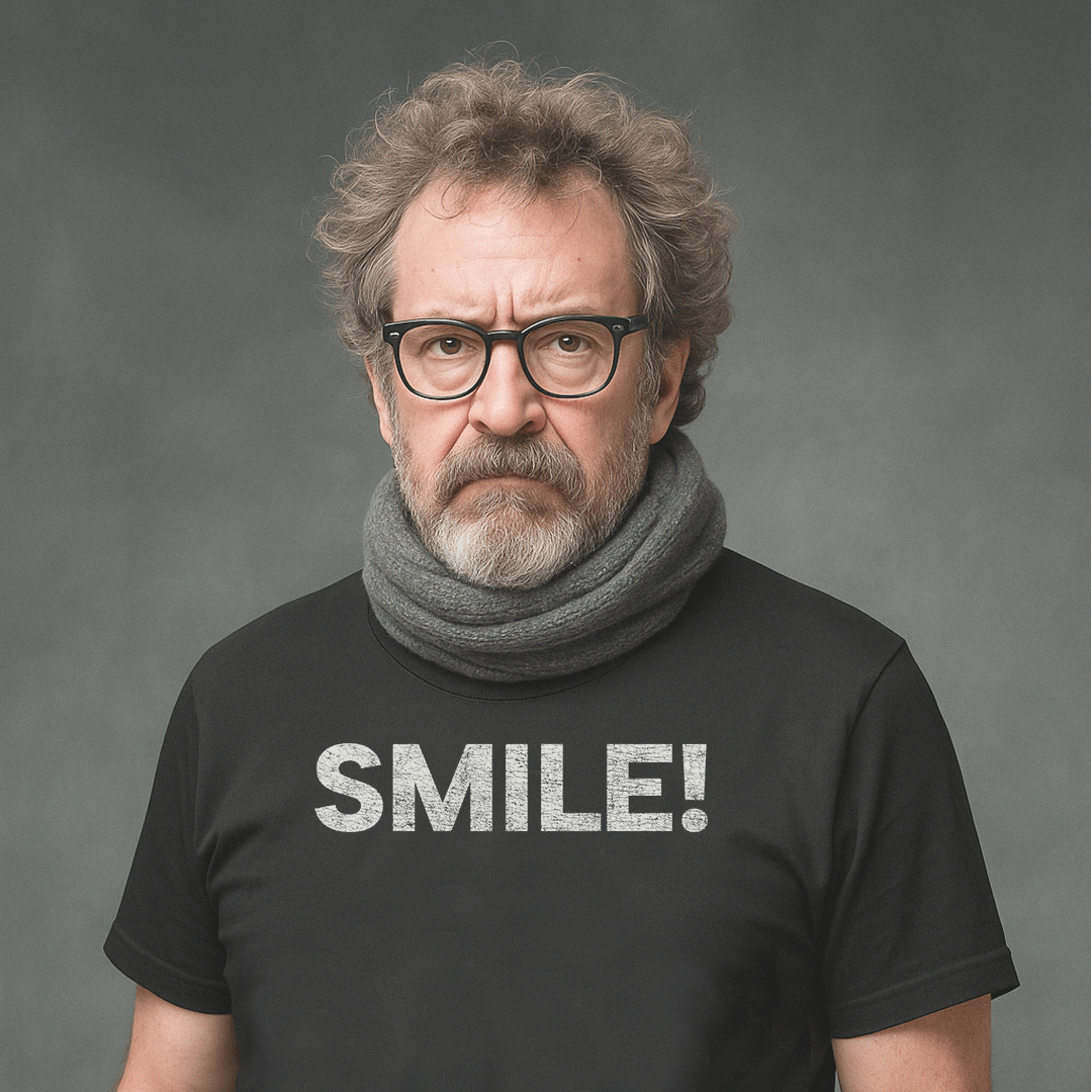 Man with serious expression wearing glasses and a black Milk Sandwich T-shirt  that says "SMILE!" in bold white letters.