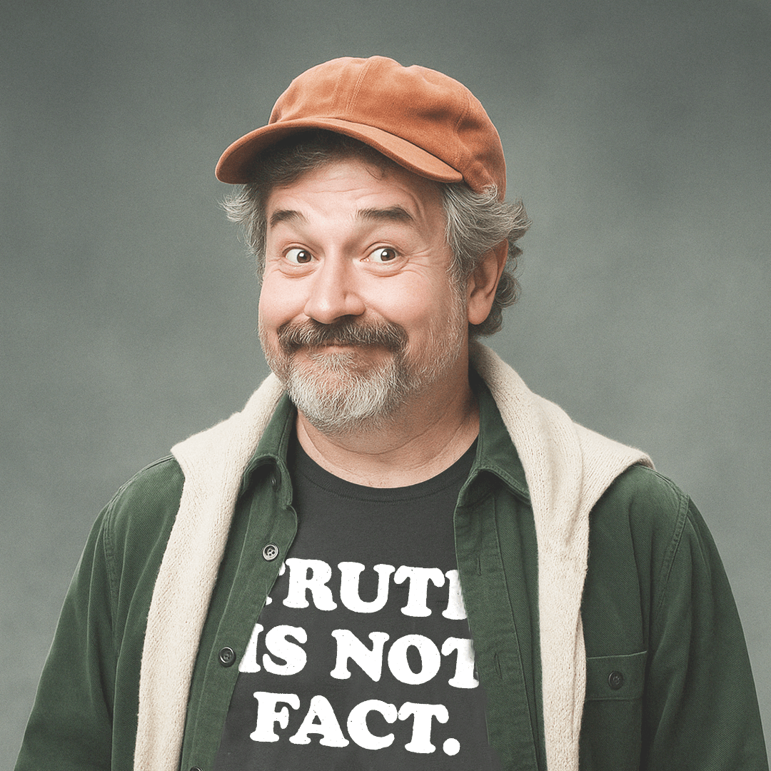 Smiling older man in rust cap and layered outfit wearing black Milk Sandwich T-shirt with bold white text Truth Is Not Fact, humorous statement tee.