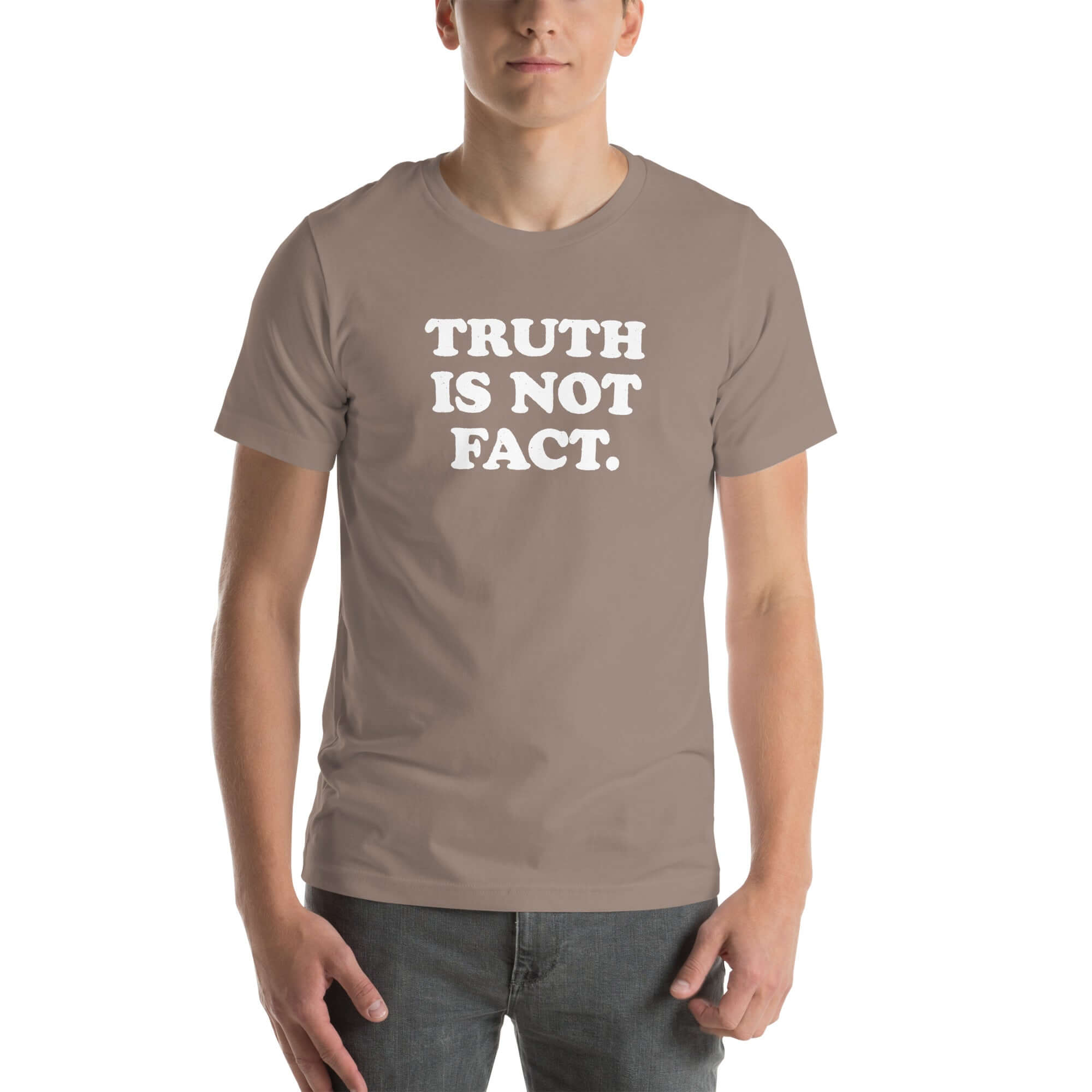 Unisex Milk Sandwich T-shirt in pebble featuring "TRUTH IS NOT FACT" graphic, perfect for comfortable and stylish everyday wear.