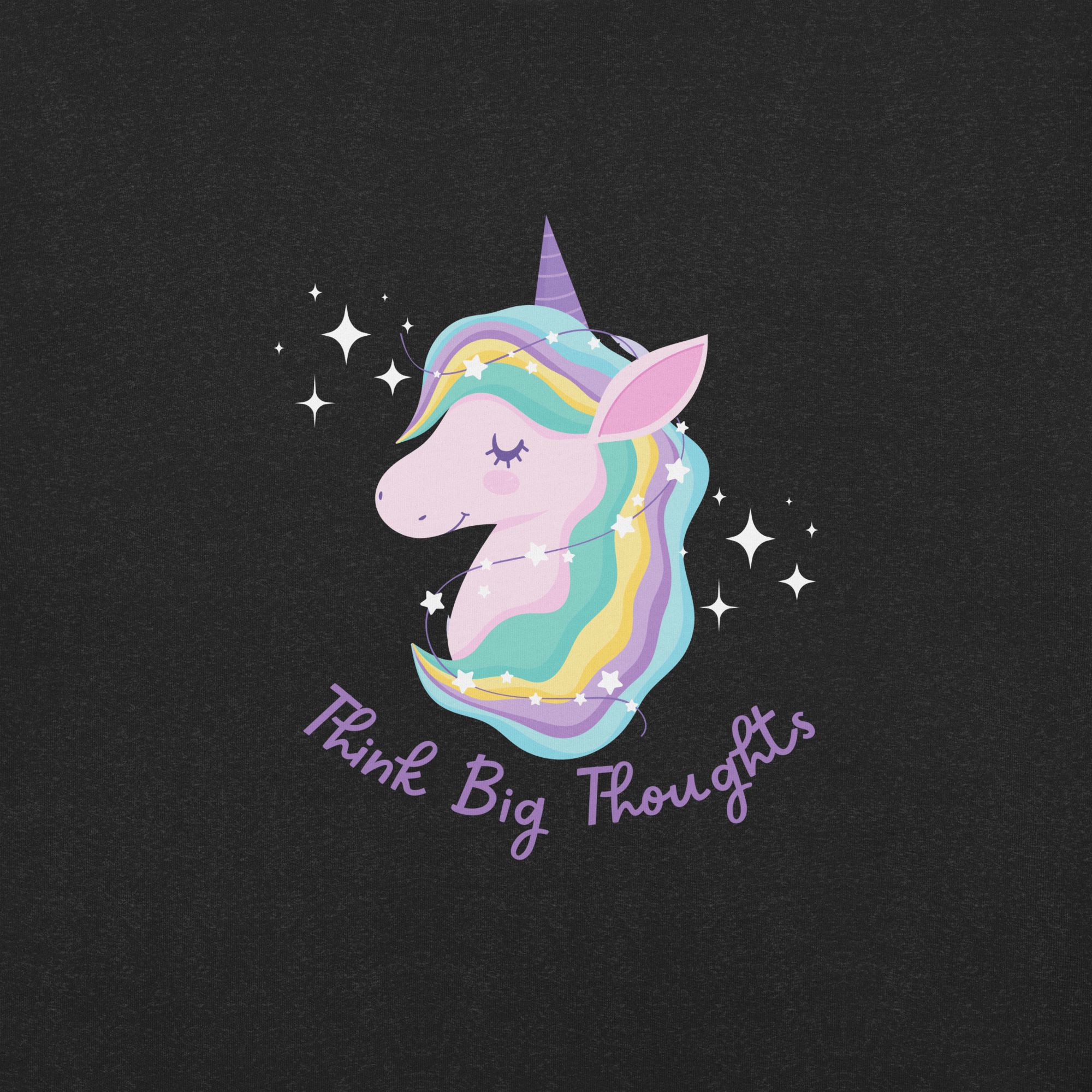 Close-up of a black Milk Sandwich t-shirt with a pastel unicorn illustration and the phrase Think Big Thoughts in purple script, surrounded by sparkles.