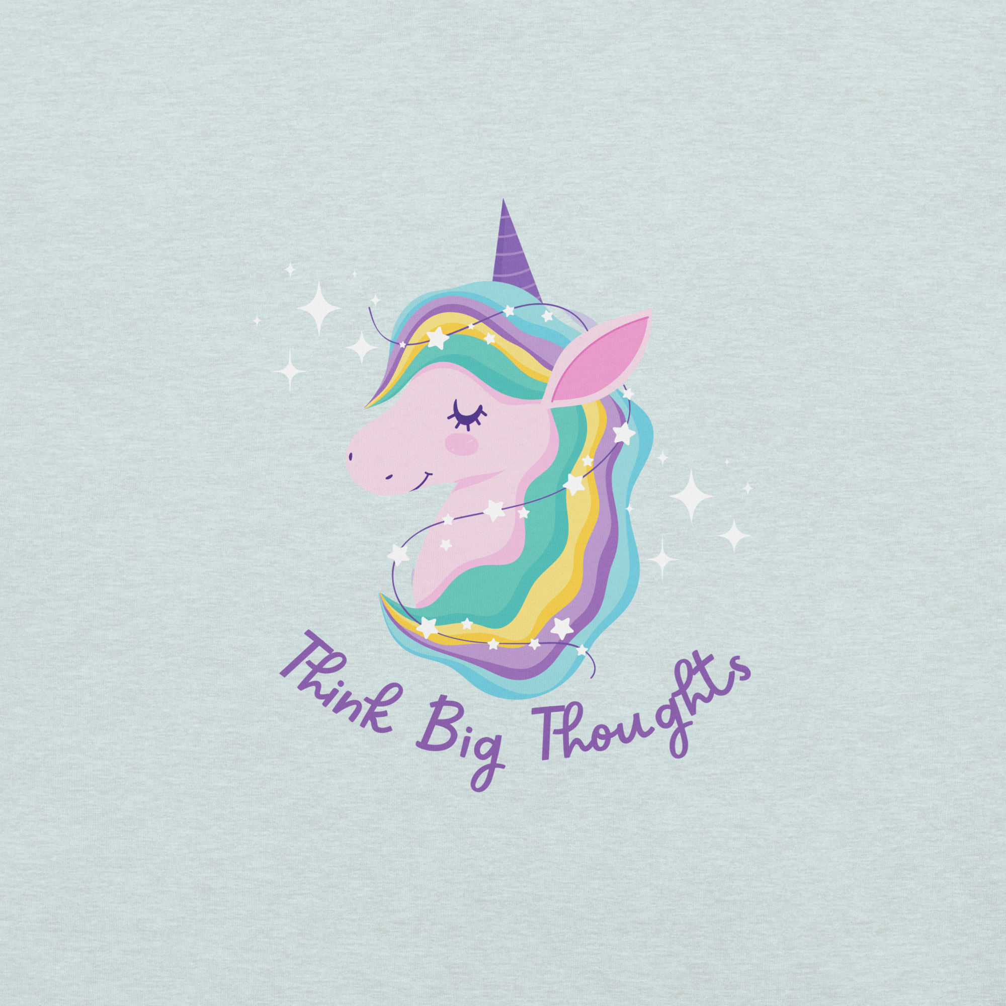 Close-up of a ice blue Milk Sandwich t-shirt with a pastel unicorn illustration and the phrase Think Big Thoughts in purple script, surrounded by sparkles.
