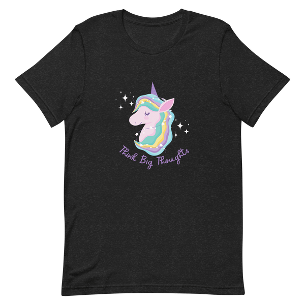 Black Milk Sandwich t-shirt with a colorful unicorn graphic and the phrase Think Big Thoughts in purple text, surrounded by white sparkles.