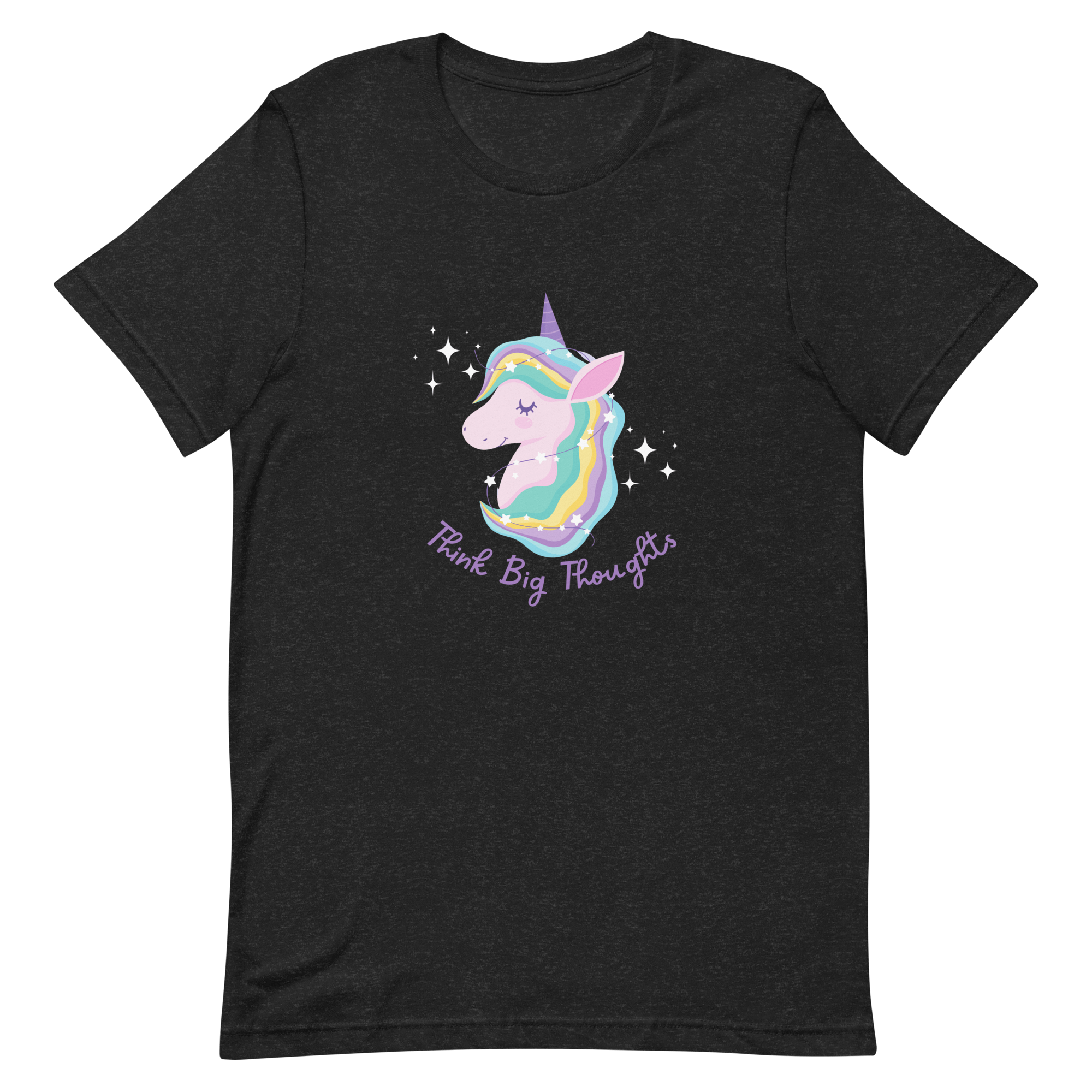 Black Milk Sandwich t-shirt with a colorful unicorn graphic and the phrase Think Big Thoughts in purple text, surrounded by white sparkles.
