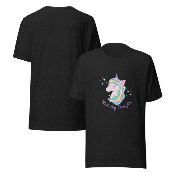 Front and back view of a black Milk Sandwich t-shirt featuring a pastel unicorn graphic with a rainbow mane and the phrase Think Big Thoughts in purple text, surrounded by sparkles.