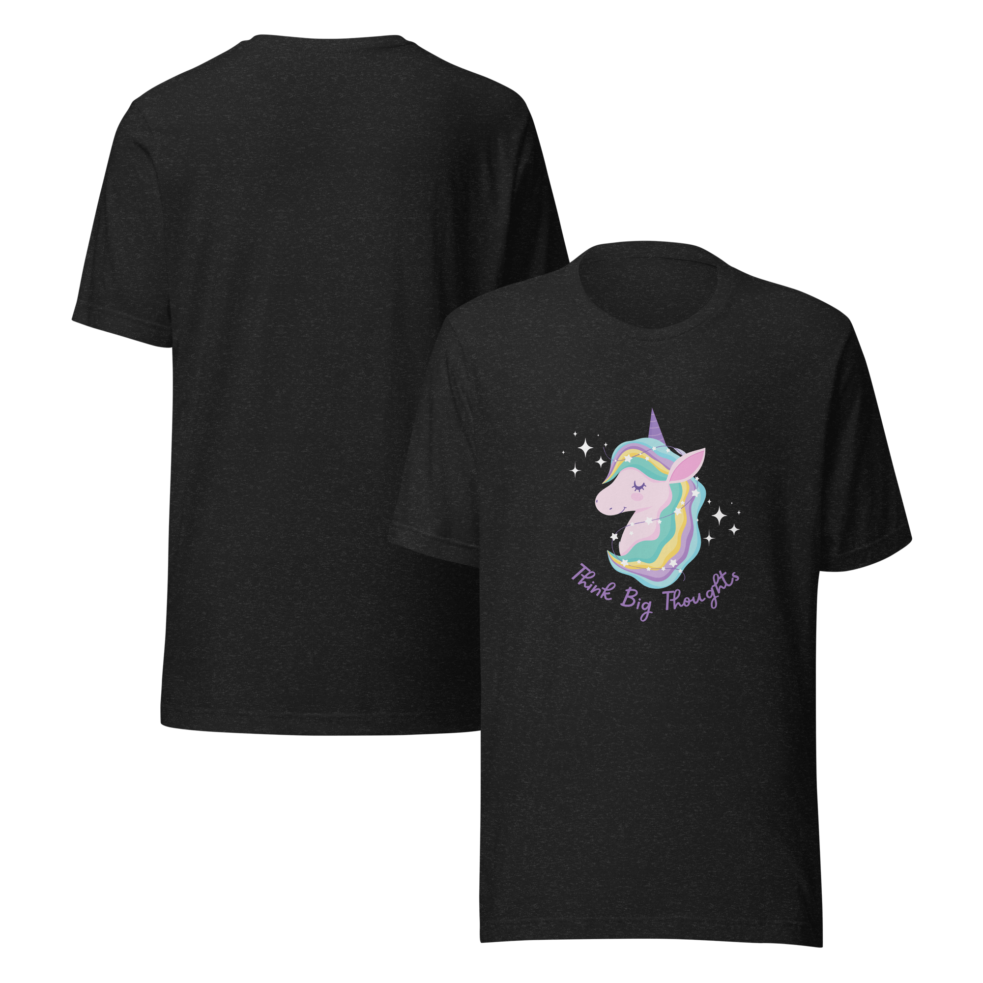 Front and back view of a black Milk Sandwich t-shirt featuring a pastel unicorn graphic with a rainbow mane and the phrase Think Big Thoughts in purple text, surrounded by sparkles.