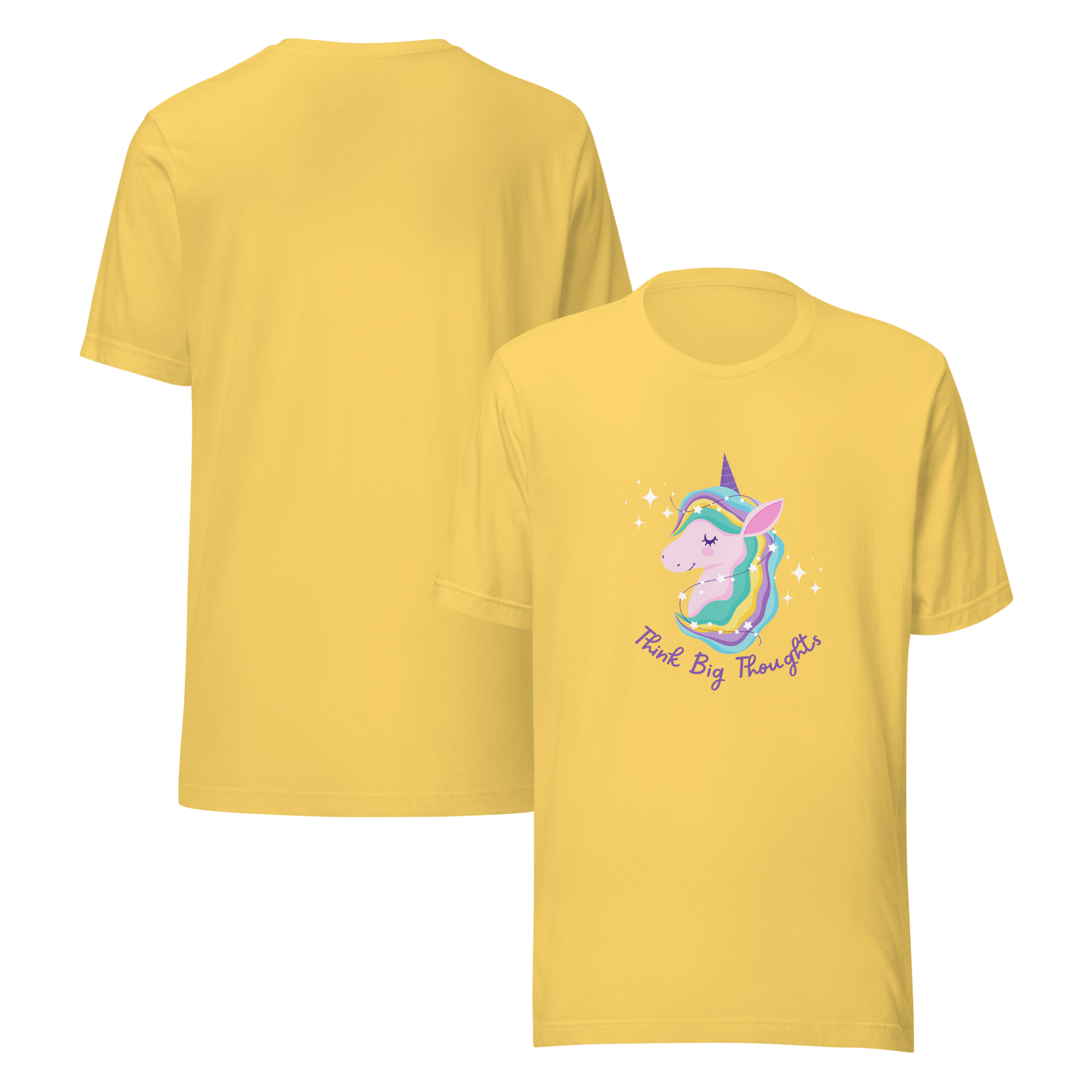 Front and back view of a yellow Milk Sandwich t-shirt featuring a pastel unicorn graphic with a rainbow mane and the phrase Think Big Thoughts in purple text, surrounded by sparkles.