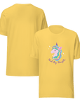 Front and back view of a yellow Milk Sandwich t-shirt featuring a pastel unicorn graphic with a rainbow mane and the phrase Think Big Thoughts in purple text, surrounded by sparkles.