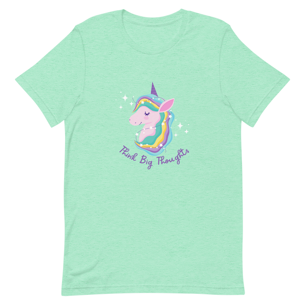 Mint Milk Sandwich t-shirt with a colorful unicorn graphic and the phrase Think Big Thoughts in purple text, surrounded by white sparkles.