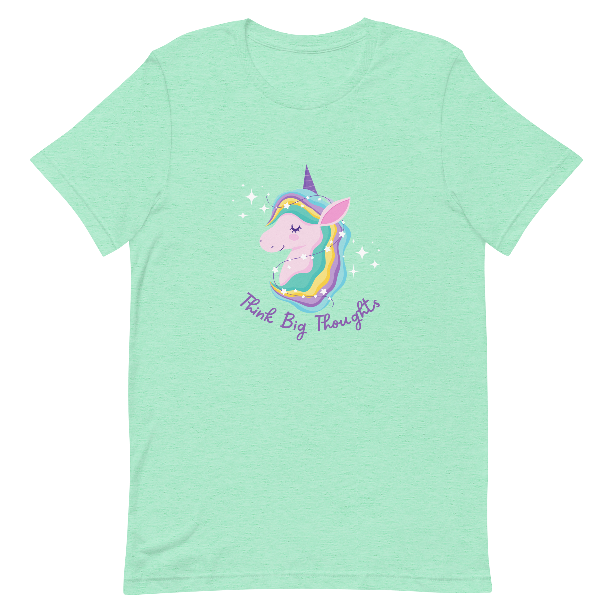 Mint Milk Sandwich t-shirt with a colorful unicorn graphic and the phrase Think Big Thoughts in purple text, surrounded by white sparkles.