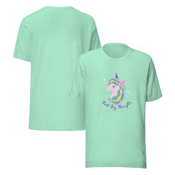 Front and back view of a mint Milk Sandwich t-shirt featuring a pastel unicorn graphic with a rainbow mane and the phrase Think Big Thoughts in purple text, surrounded by sparkles.