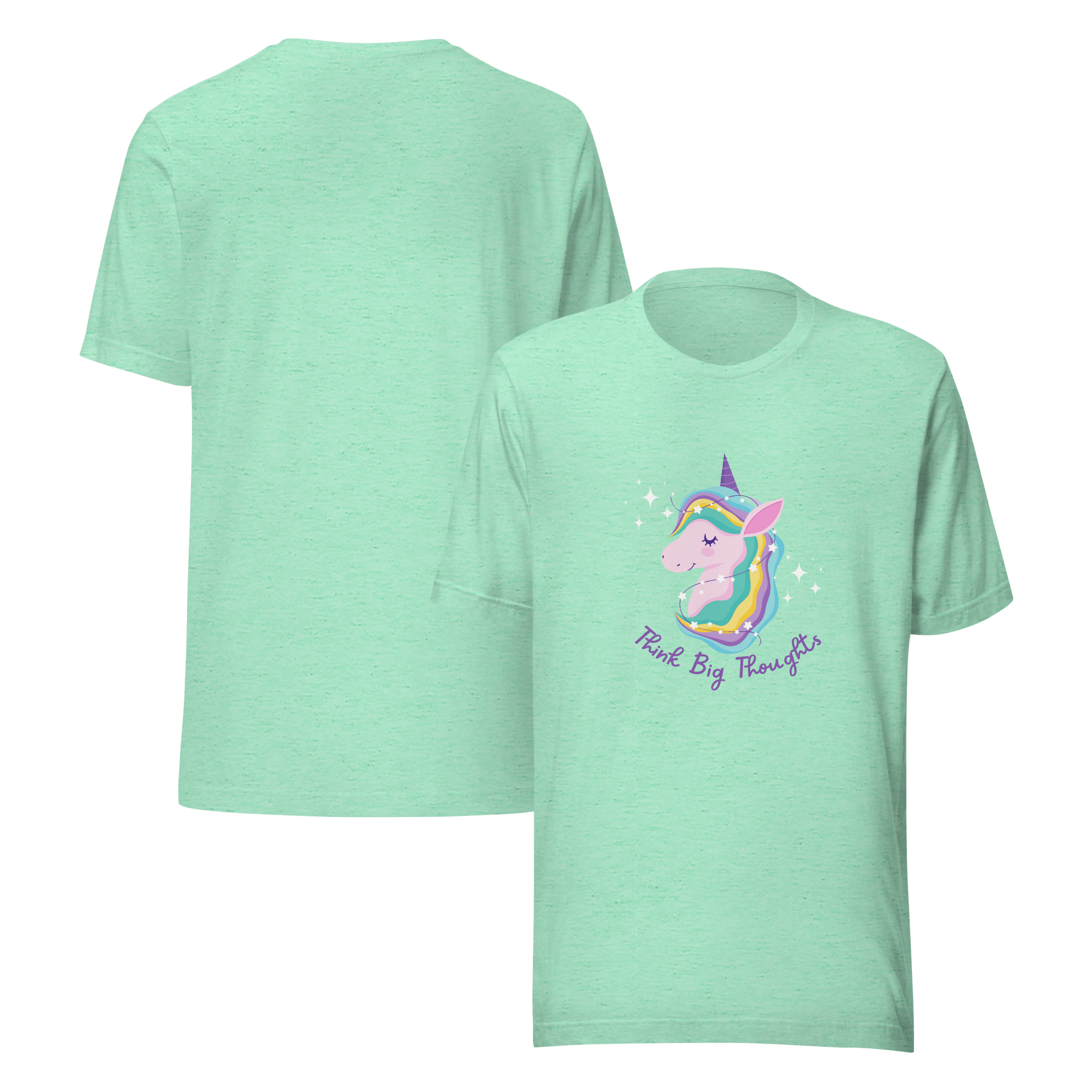 Front and back view of a mint Milk Sandwich t-shirt featuring a pastel unicorn graphic with a rainbow mane and the phrase Think Big Thoughts in purple text, surrounded by sparkles.