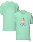 Front and back view of a mint Milk Sandwich t-shirt featuring a pastel unicorn graphic with a rainbow mane and the phrase Think Big Thoughts in purple text, surrounded by sparkles.