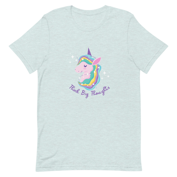 Ice Blue Milk Sandwich t-shirt with a colorful unicorn graphic and the phrase Think Big Thoughts in purple text, surrounded by white sparkles.