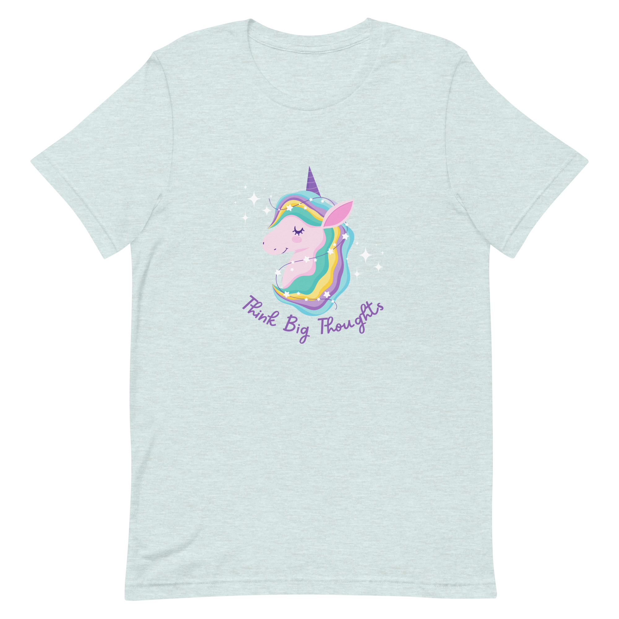 Ice Blue Milk Sandwich t-shirt with a colorful unicorn graphic and the phrase Think Big Thoughts in purple text, surrounded by white sparkles.