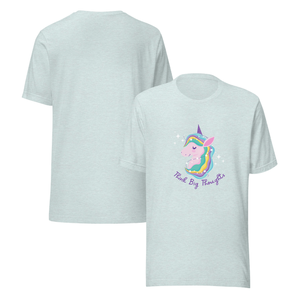 Front and back view of a ice blue Milk Sandwich t-shirt featuring a pastel unicorn graphic with a rainbow mane and the phrase Think Big Thoughts in purple text, surrounded by sparkles.