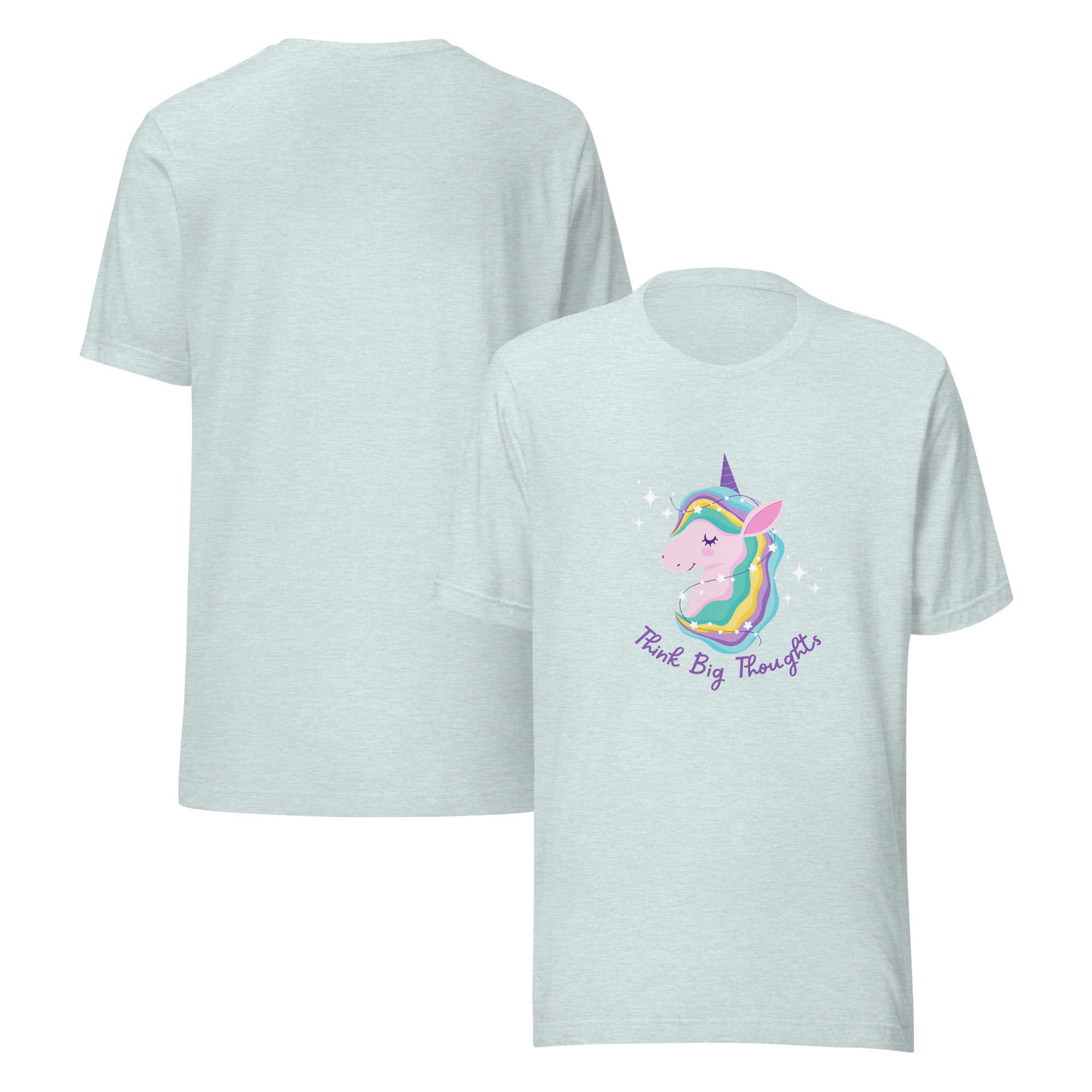 Front and back view of a ice blue Milk Sandwich t-shirt featuring a pastel unicorn graphic with a rainbow mane and the phrase Think Big Thoughts in purple text, surrounded by sparkles.