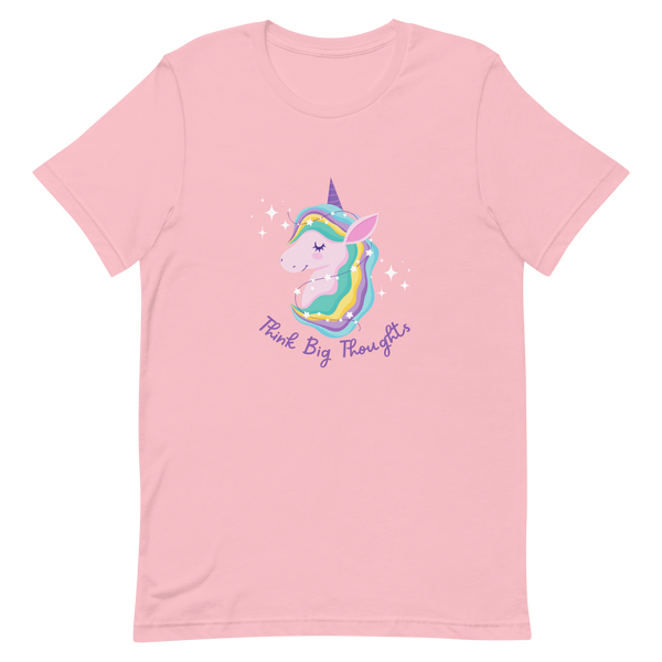 Pink Milk Sandwich t-shirt with a colorful unicorn graphic and the phrase Think Big Thoughts in purple text, surrounded by white sparkles.