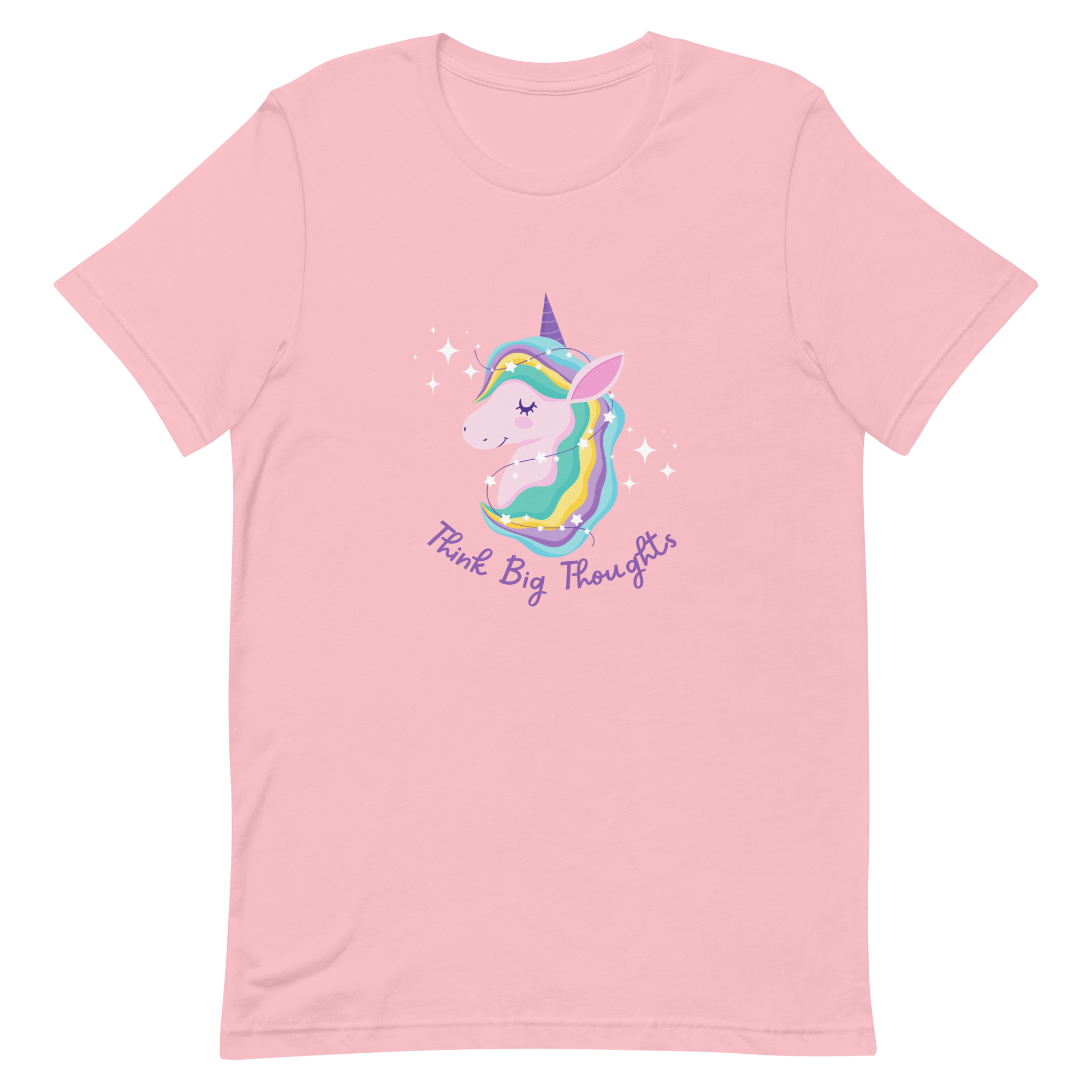 Pink Milk Sandwich t-shirt with a colorful unicorn graphic and the phrase Think Big Thoughts in purple text, surrounded by white sparkles.