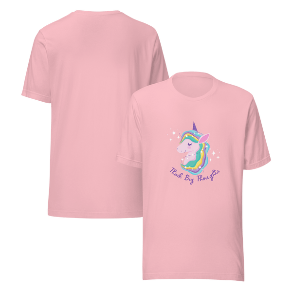 Front and back view of a pink Milk Sandwich t-shirt featuring a pastel unicorn graphic with a rainbow mane and the phrase Think Big Thoughts in purple text, surrounded by sparkles.
