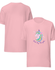 Front and back view of a pink Milk Sandwich t-shirt featuring a pastel unicorn graphic with a rainbow mane and the phrase Think Big Thoughts in purple text, surrounded by sparkles.