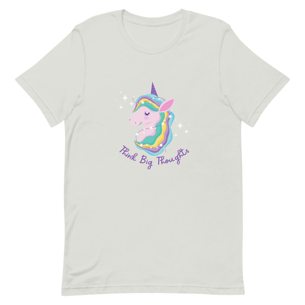 Silver Milk Sandwich t-shirt with a colorful unicorn graphic and the phrase Think Big Thoughts in purple text, surrounded by white sparkles.