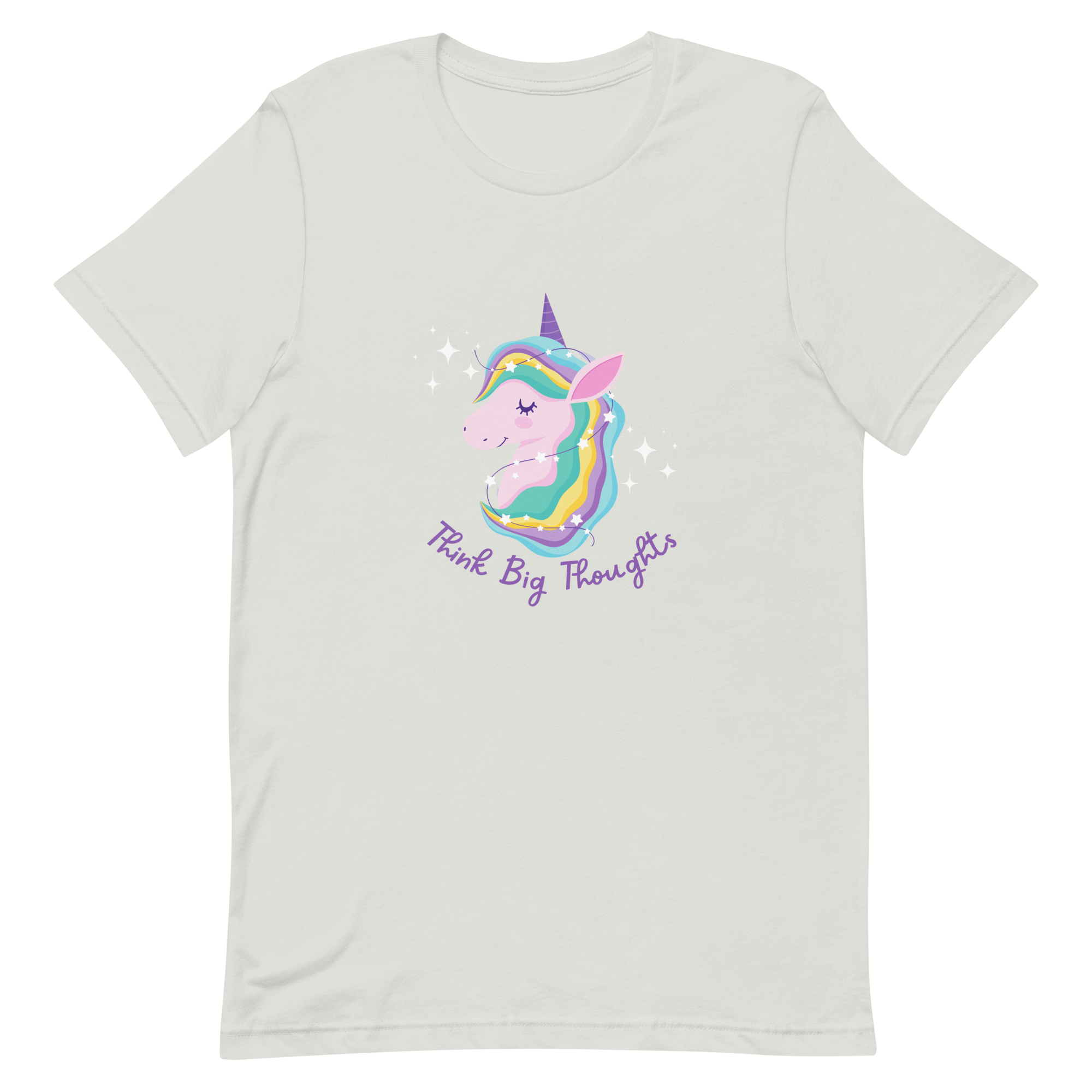 Silver Milk Sandwich t-shirt with a colorful unicorn graphic and the phrase Think Big Thoughts in purple text, surrounded by white sparkles.